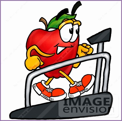 Clip art Graphic of a Red Apple Cartoon Character Walking on a Treadmill in