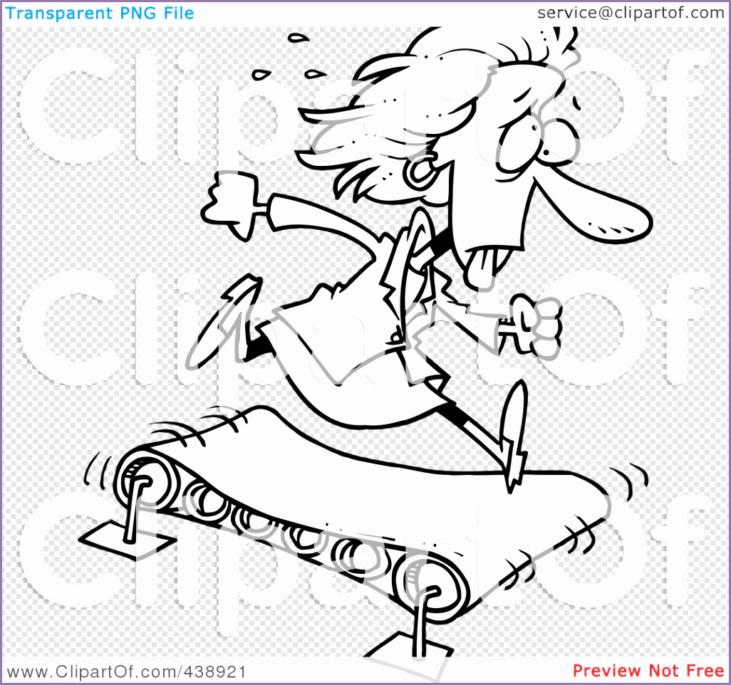 cartoon black and white outline design of a businesswoman ting nowhere on a treadmill