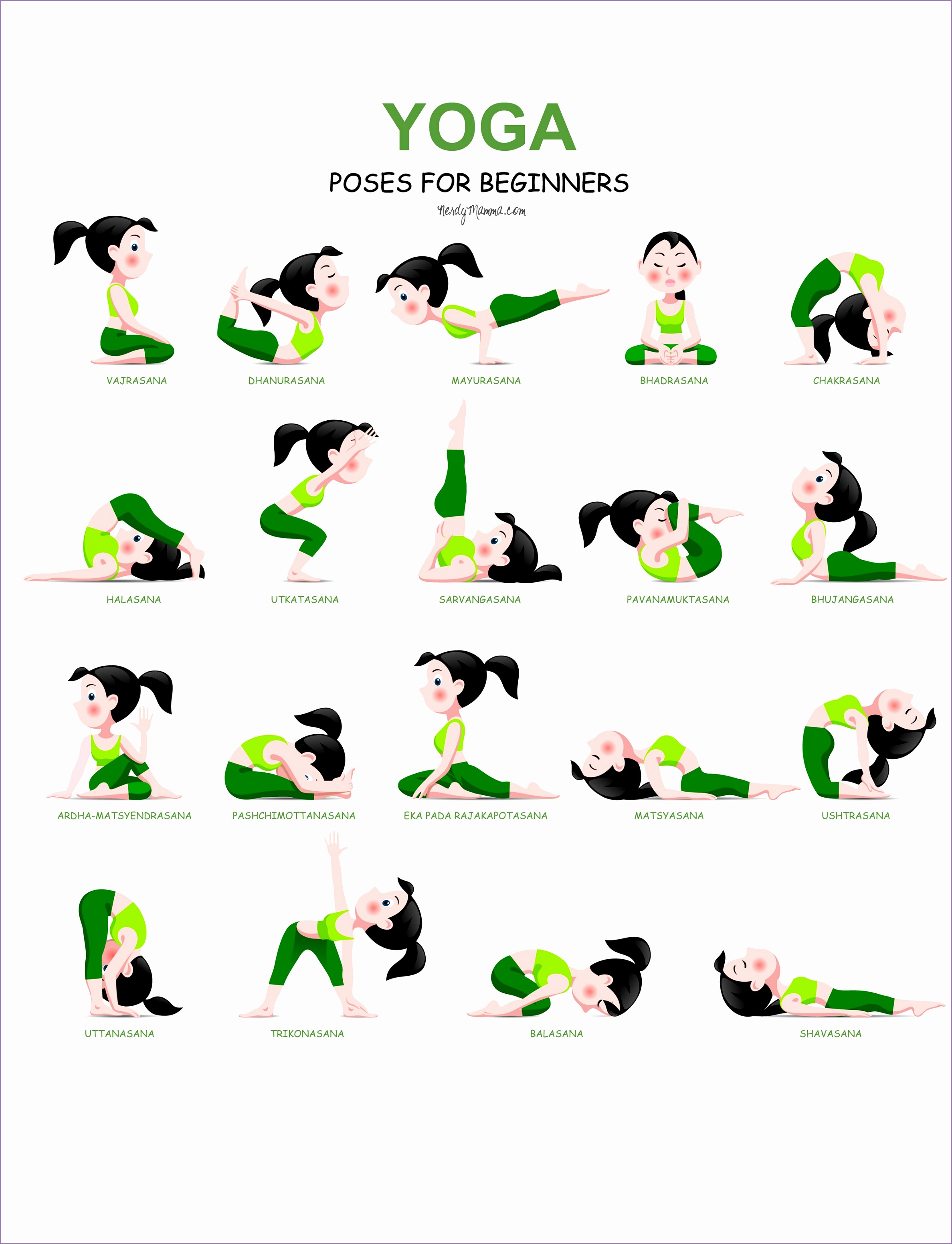 Free printable showing yoga poses for beginning yogi