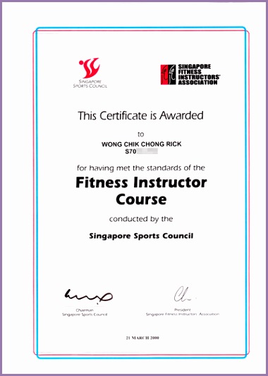 of Rick Wong s fitness instructor certificate
