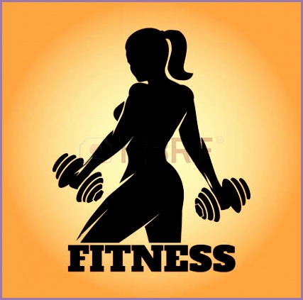Fitness club and gym banner or poster design Silhouette of athletic woman with dumbbells