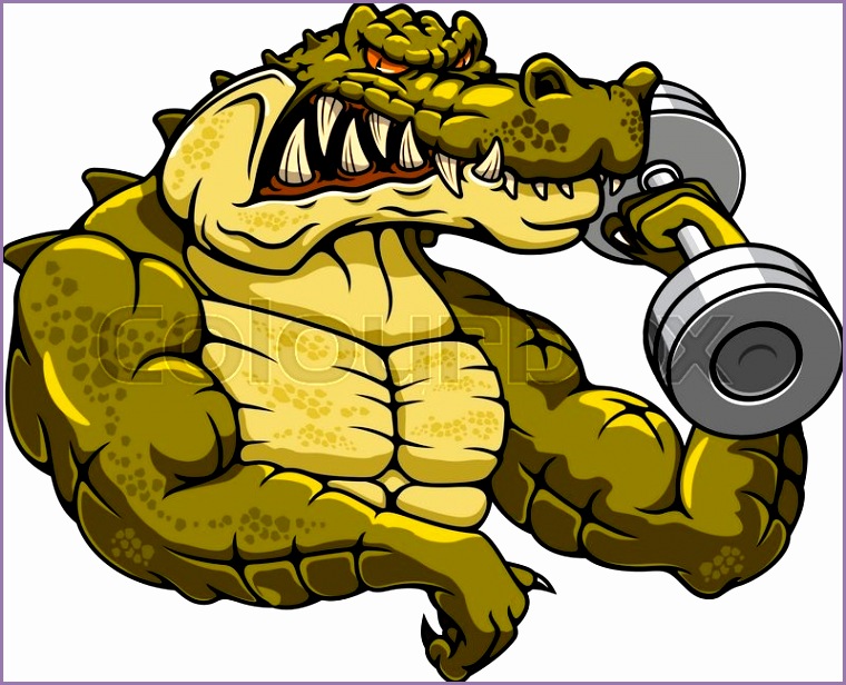 cartoon crocodile mascot with dumbbell